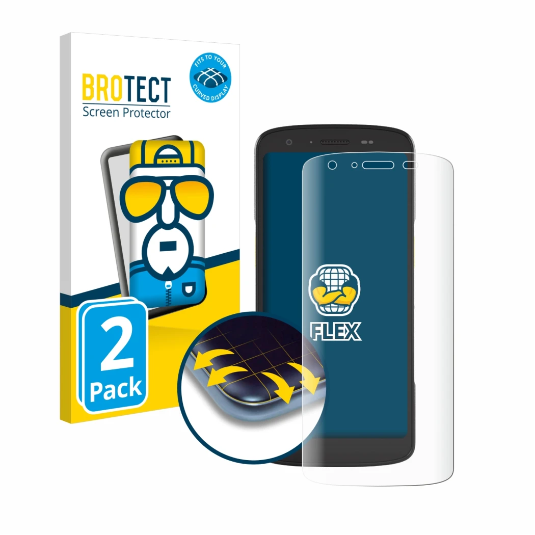 Vorderseite einer Produktverpackung mit dem Markenlogo BROTECT. Daneben ist das Gerät Zebra TC27 mit dem zugehörigen Displaysc
