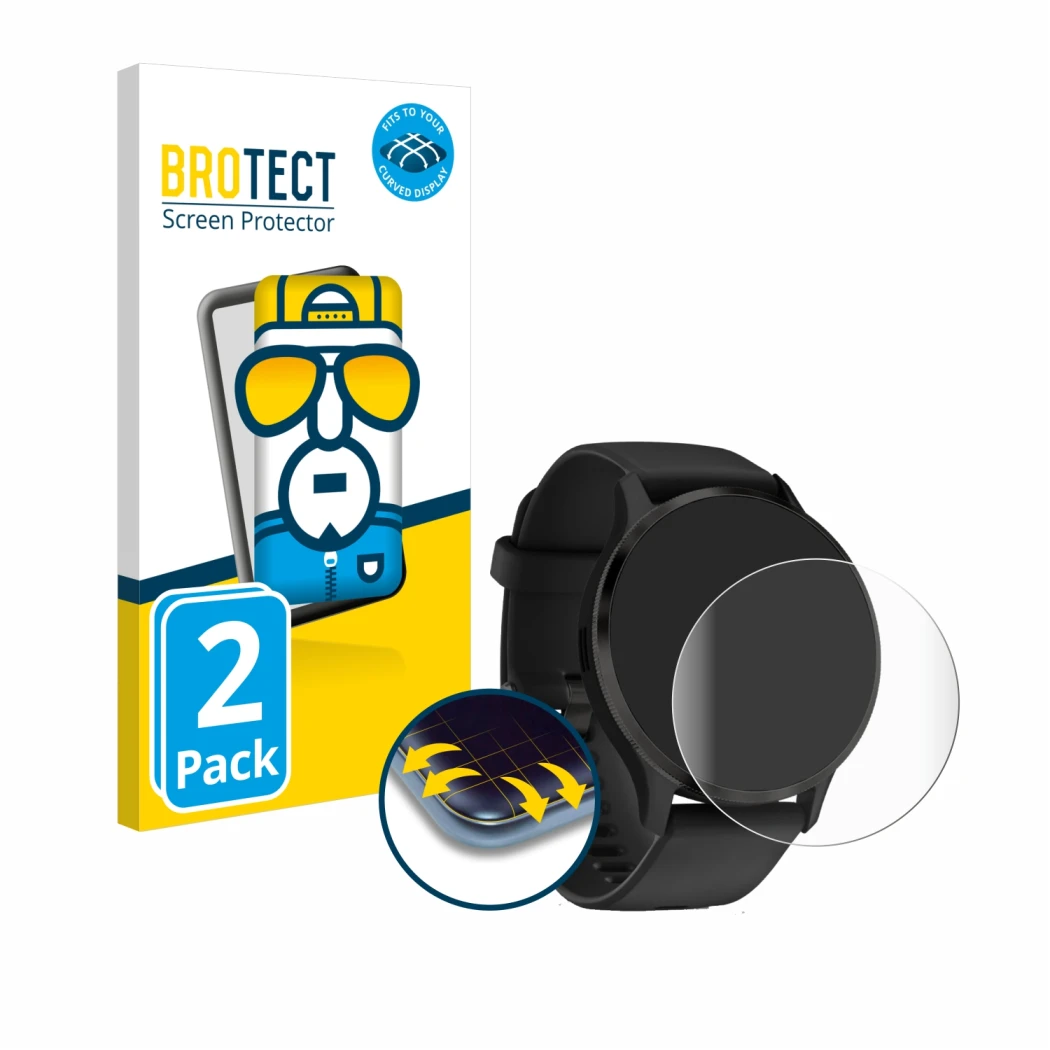 Vorderseite einer Produktverpackung mit dem Markenlogo BROTECT. Daneben ist das Gerät Garmin Venu 3 mit dem zugehörigen Displa