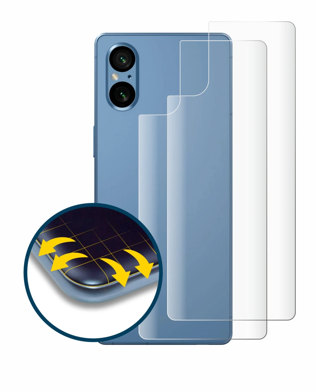 Abbildung des Geräts Sony Xperia 5 V (Rückseite) mit einer Vielzahl des Displayschutzes.