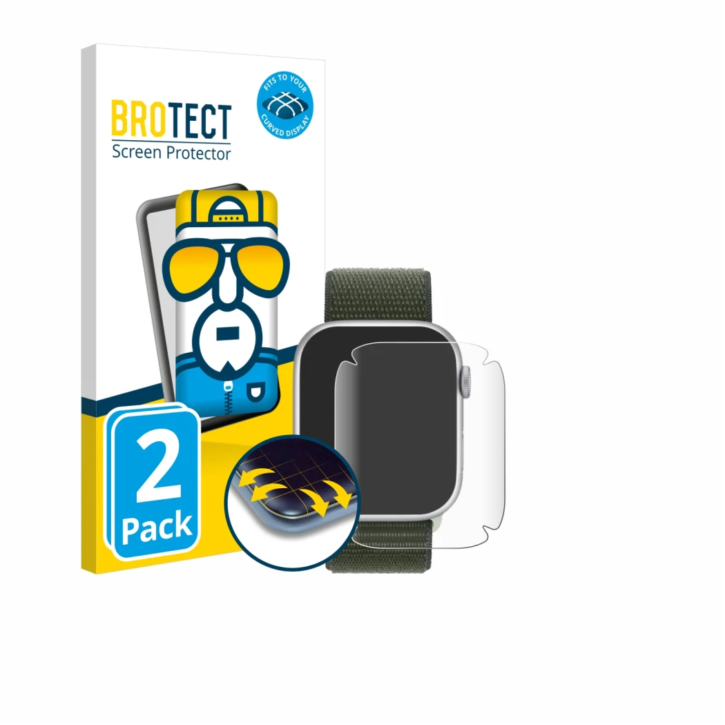 Vorderseite einer Produktverpackung mit dem Markenlogo BROTECT. Daneben ist das Gerät Apple Watch Series 9 (41 mm) mit dem zug