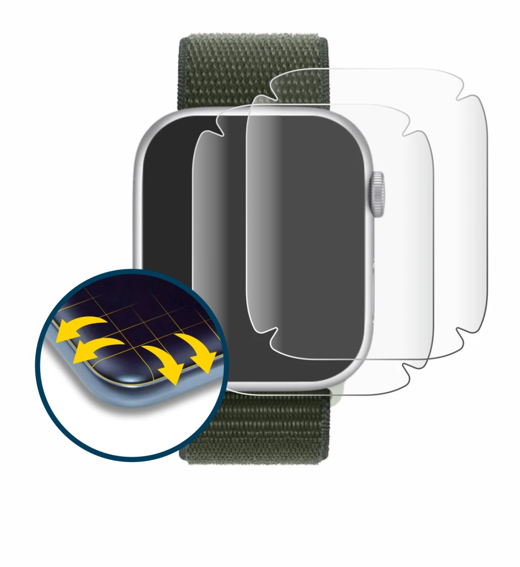 Abbildung des Geräts Apple Watch Series 9 (41 mm) mit einer Vielzahl des Displayschutzes.