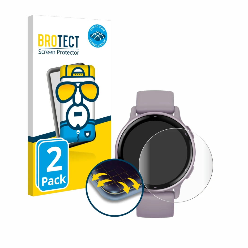 Vorderseite einer Produktverpackung mit dem Markenlogo BROTECT. Daneben ist das Gerät Garmin vivoactive 5 mit dem zugehörigen 
