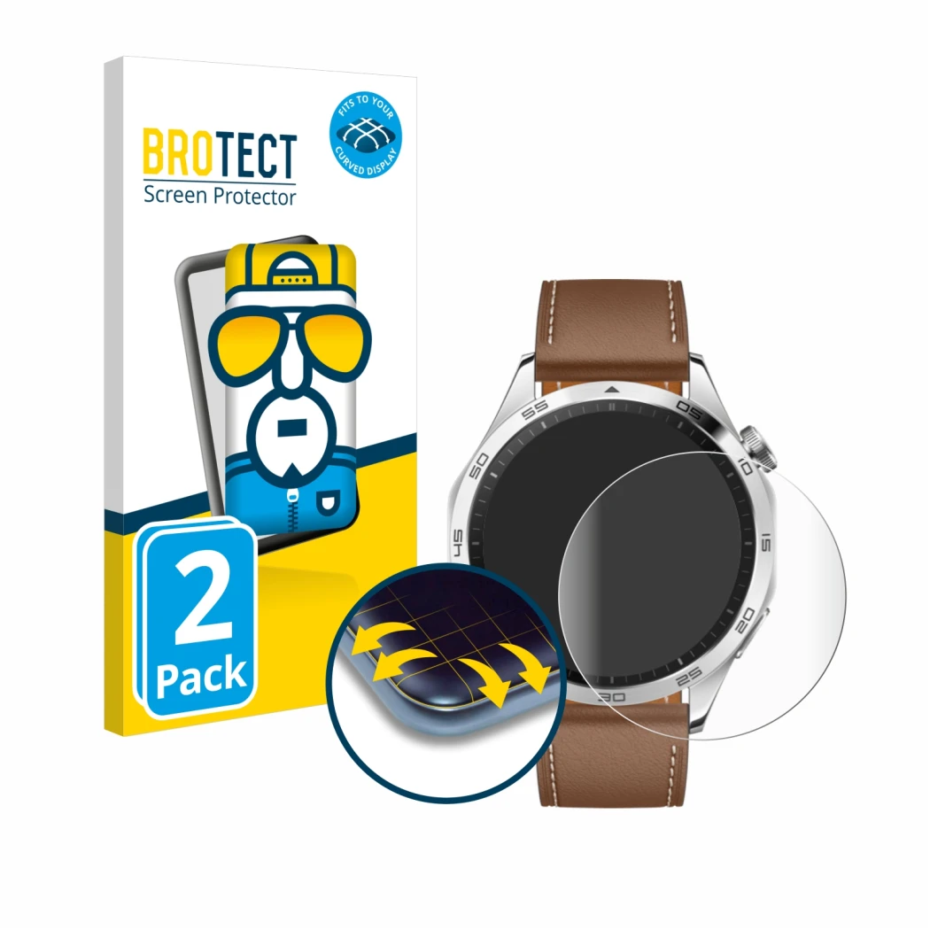 Vorderseite einer Produktverpackung mit dem Markenlogo BROTECT. Daneben ist das Gerät Huawei Watch GT 4 (46mm) mit dem zugehör