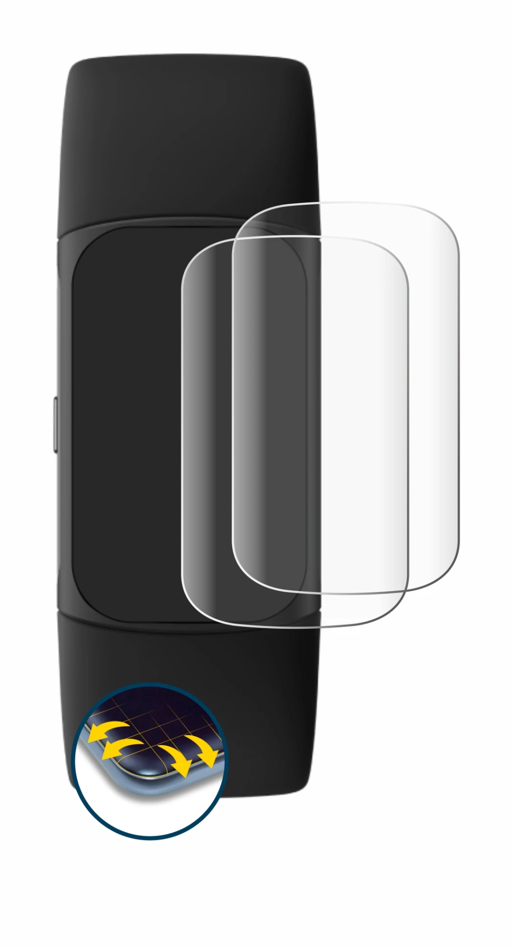Abbildung des Geräts Fitbit Charge 6 mit einer Vielzahl des Displayschutzes.