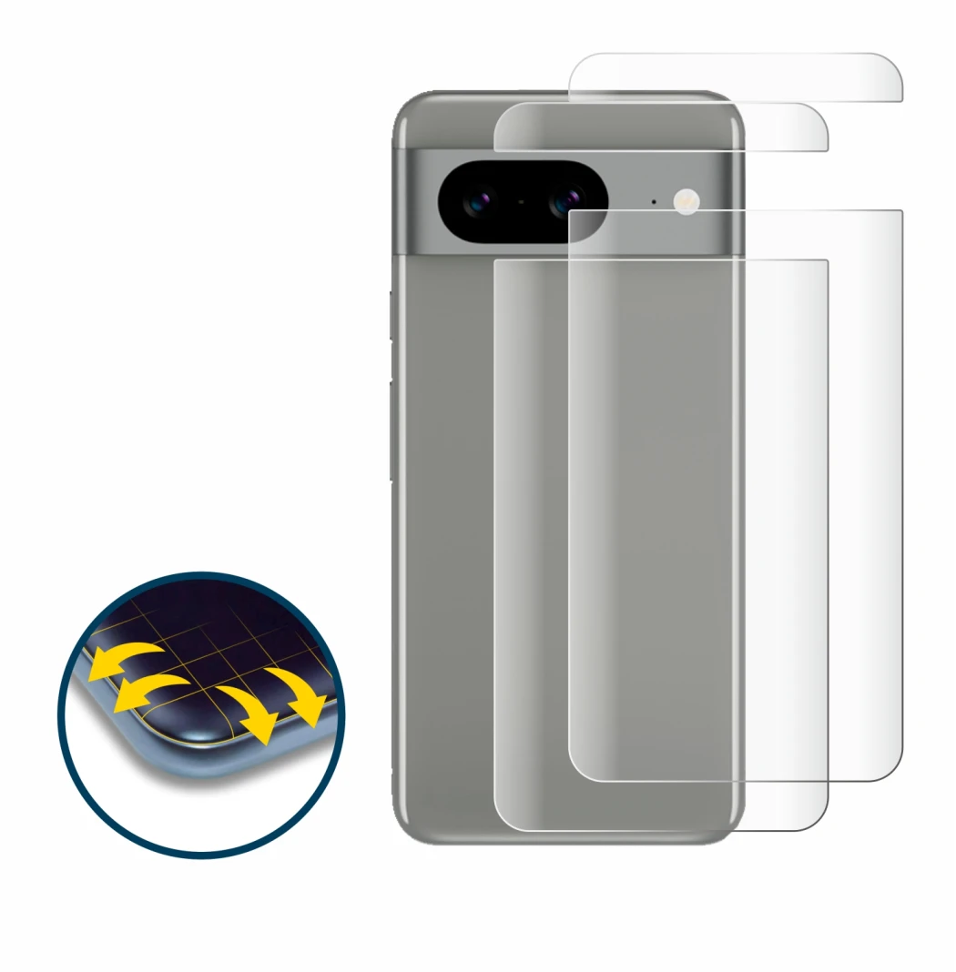 Abbildung des Geräts Google Pixel 8 (Rückseite) mit einer Vielzahl des Displayschutzes.