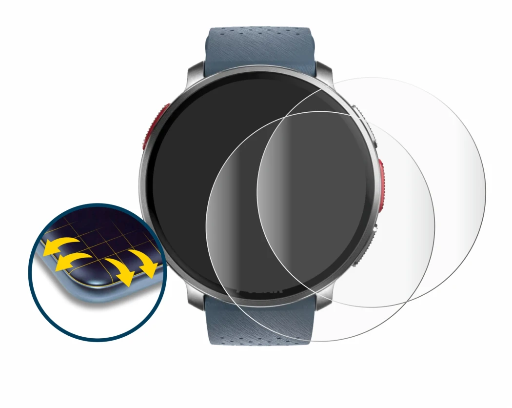 Abbildung des Geräts Polar Vantage V3 mit einer Vielzahl des Displayschutzes.