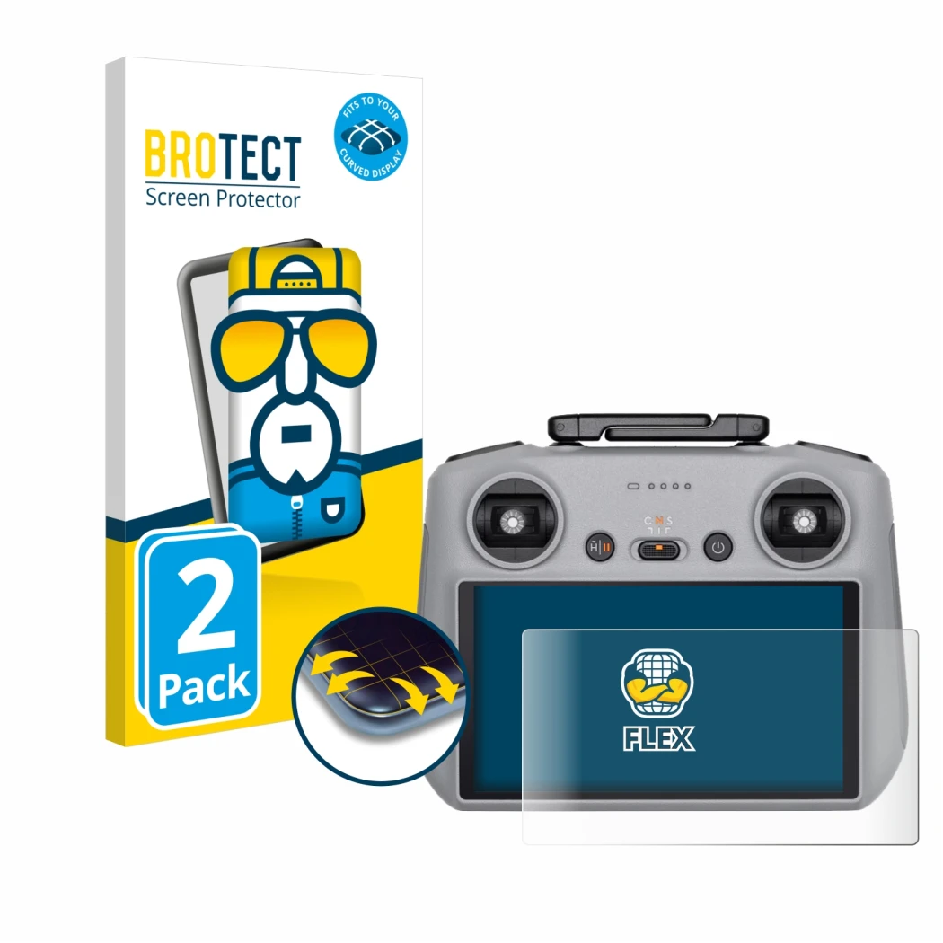 Vorderseite einer Produktverpackung mit dem Markenlogo BROTECT. Daneben ist das Gerät DJI RC 2 mit dem zugehörigen Displayschu