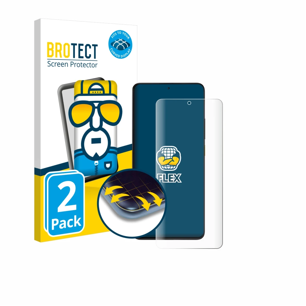 Vorderseite einer Produktverpackung mit dem Markenlogo BROTECT. Daneben ist das Gerät Xiaomi Poco X6 Pro mit dem zugehörigen D