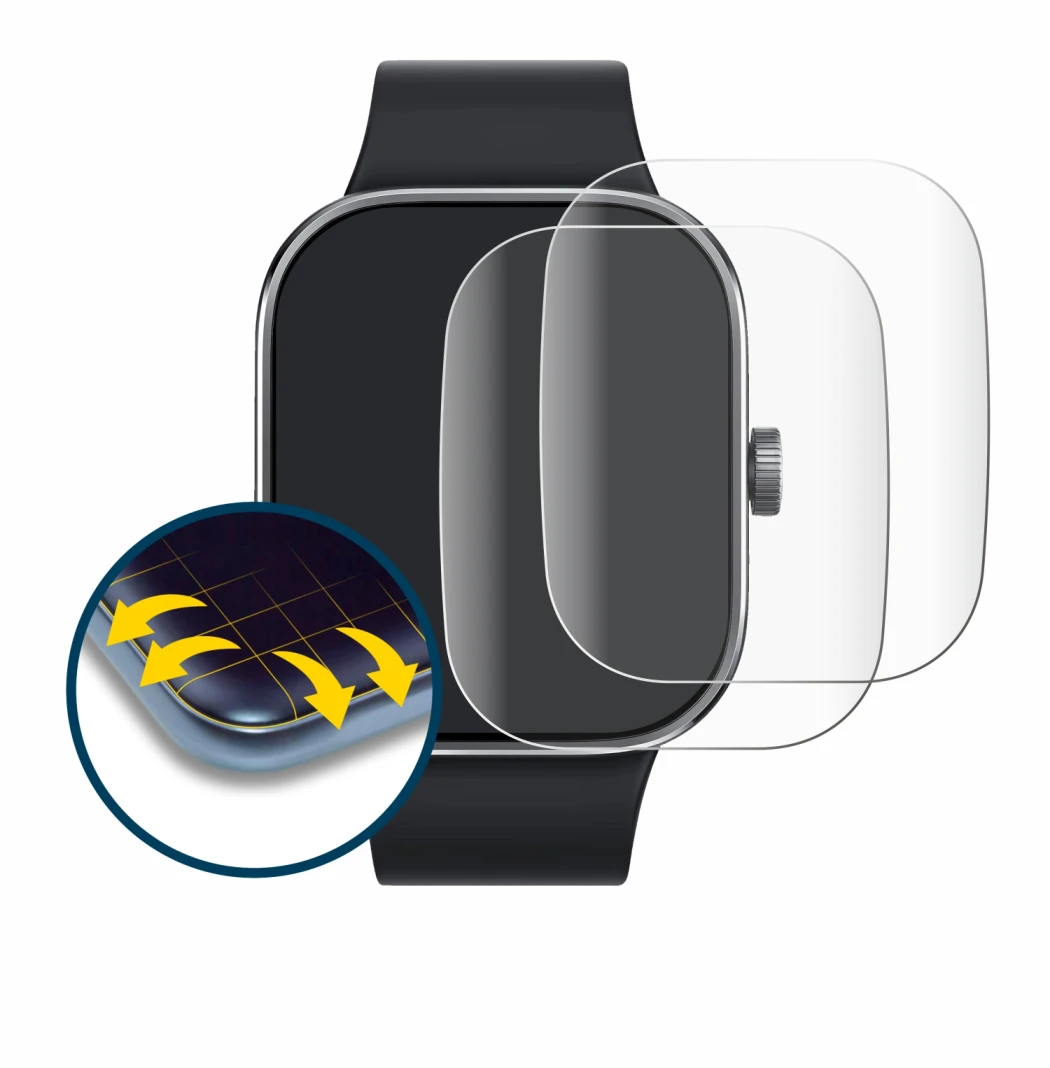 Abbildung des Geräts Xiaomi Redmi Watch 4 mit einer Vielzahl des Displayschutzes.