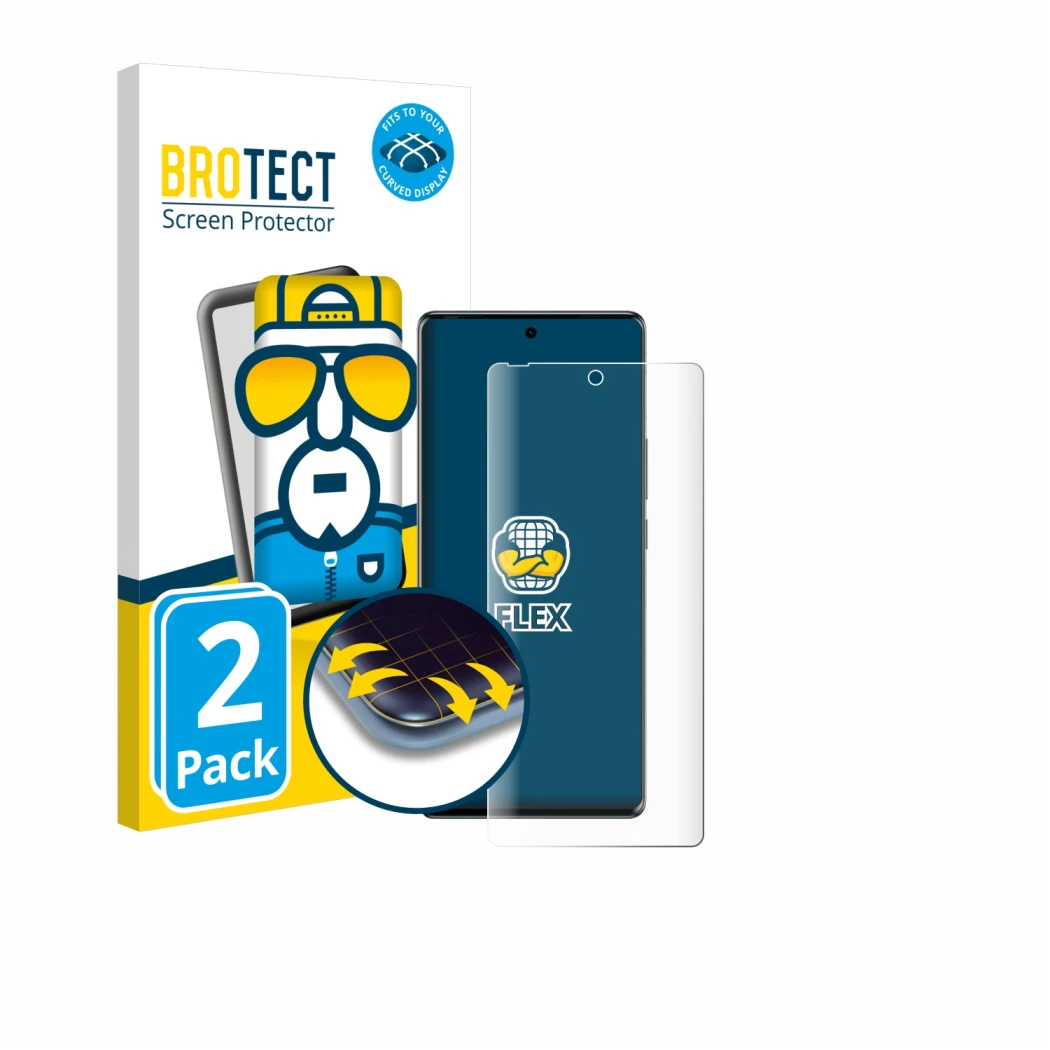 Vorderseite einer Produktverpackung mit dem Markenlogo BROTECT. Daneben ist das Gerät Tecno Spark 20 Pro Plus mit dem zugehöri