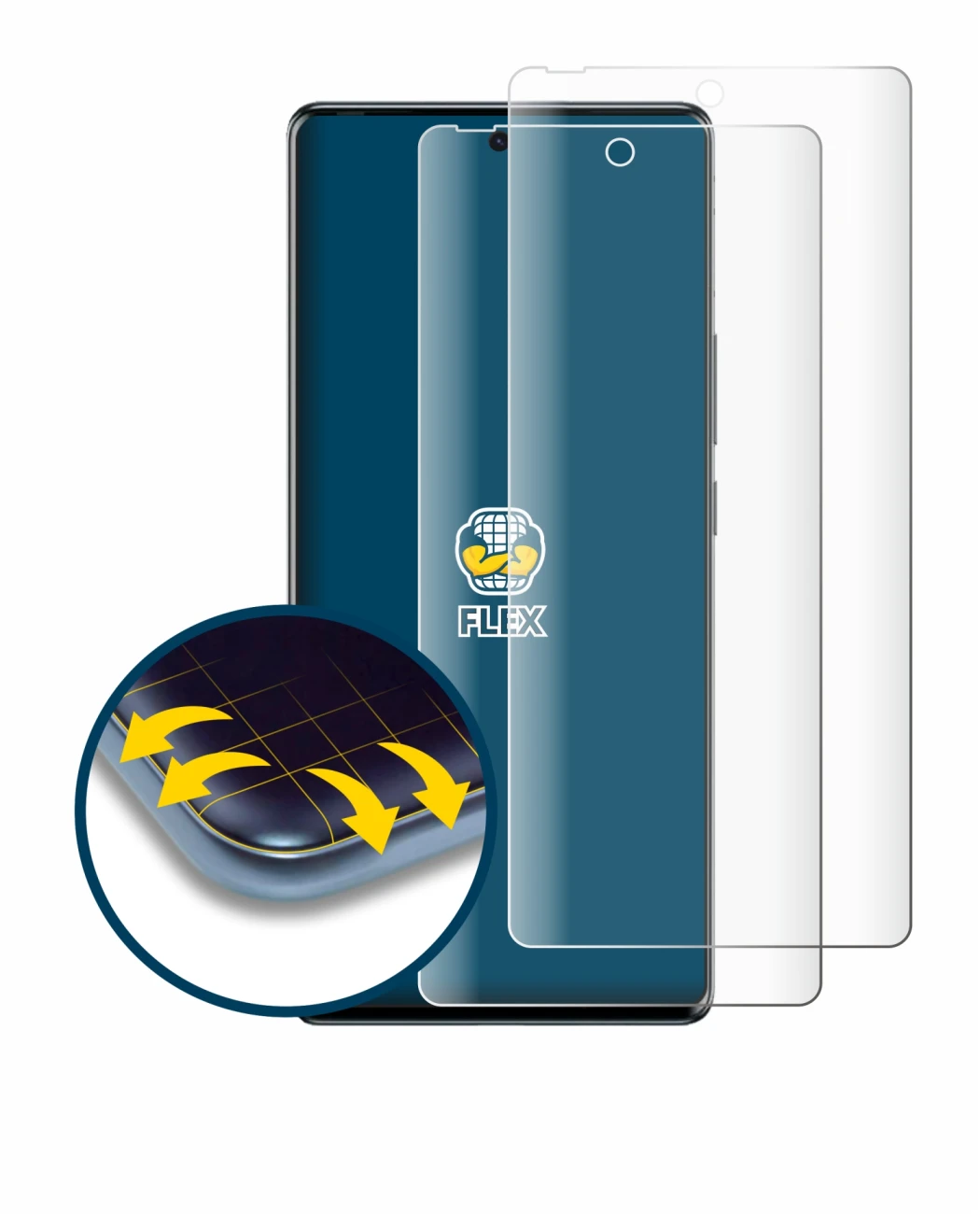 Abbildung des Geräts Tecno Spark 20 Pro Plus mit einer Vielzahl des Displayschutzes.
