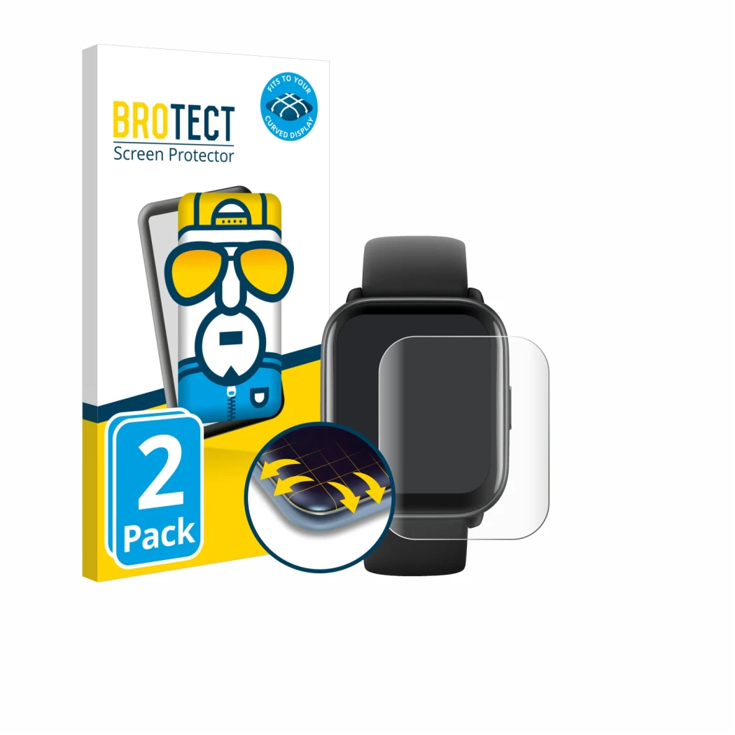 Vorderseite einer Produktverpackung mit dem Markenlogo BROTECT. Daneben ist das Gerät Amazfit Active mit dem zugehörigen Displ