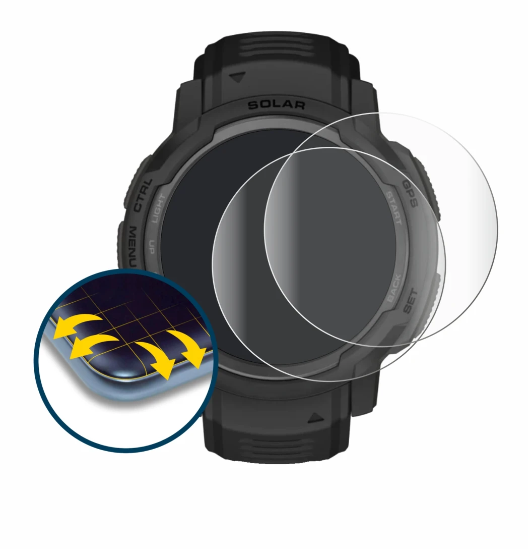 Abbildung des Geräts Garmin Instinct Crossover AMOLED mit einer Vielzahl des Displayschutzes.