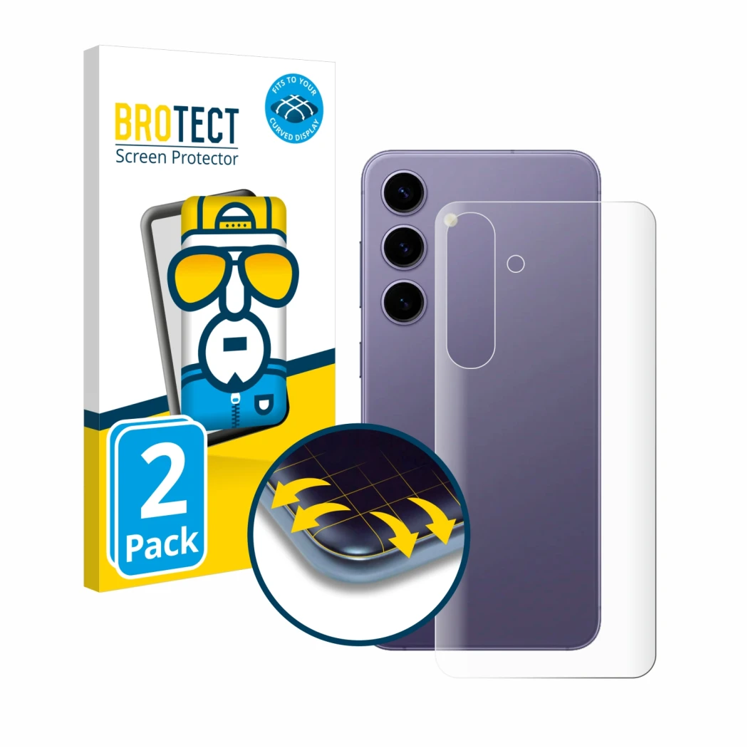 Vorderseite einer Produktverpackung mit dem Markenlogo BROTECT. Daneben ist das Gerät Samsung Galaxy S24 (Rückseite) mit dem z