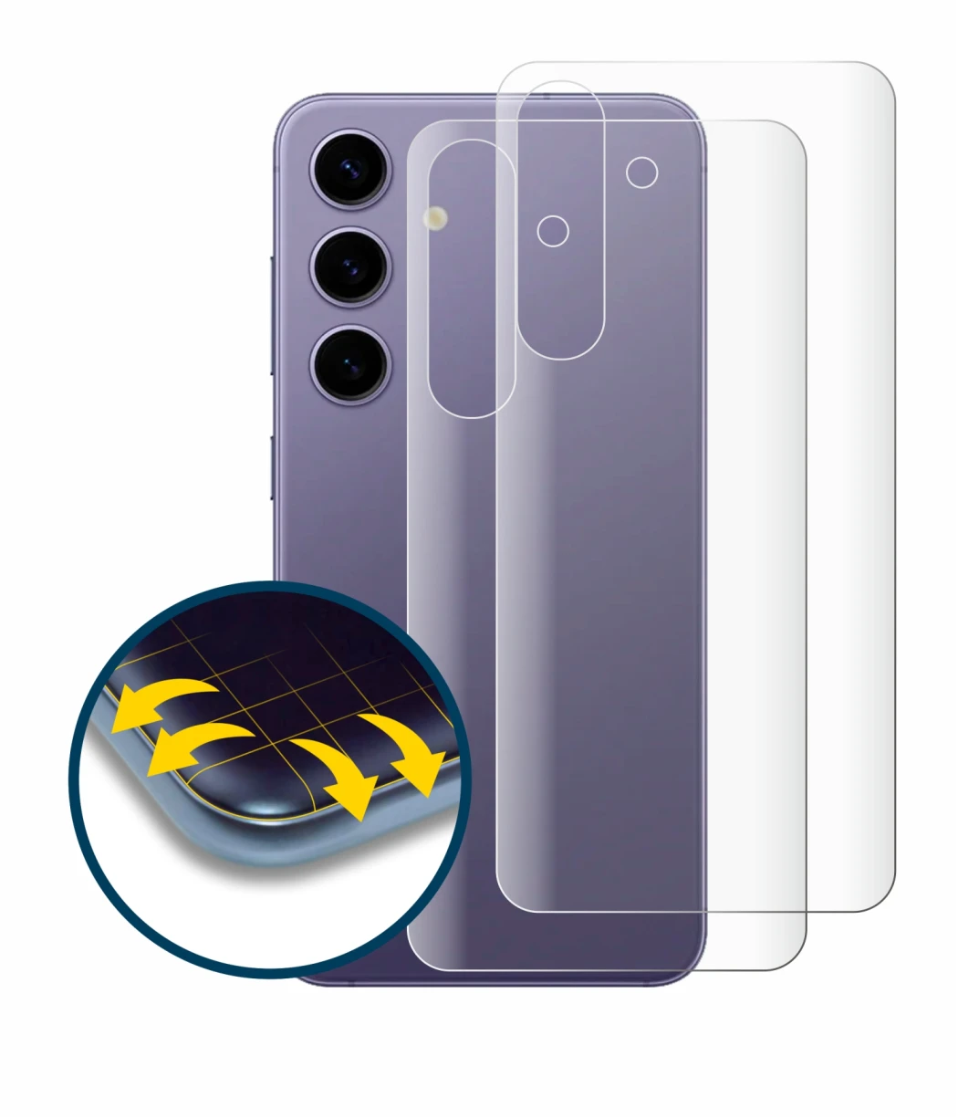 Abbildung des Geräts Samsung Galaxy S24 (Rückseite) mit einer Vielzahl des Displayschutzes.