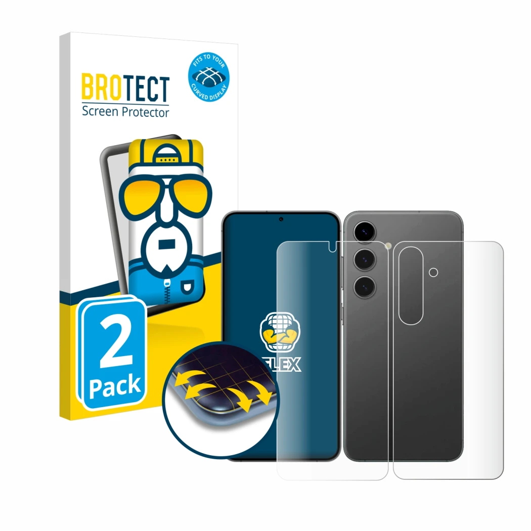 Vorderseite einer Produktverpackung mit dem Markenlogo BROTECT. Daneben ist das Gerät Samsung Galaxy S24 (Display+Rückseite) m