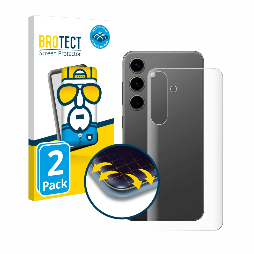 Vorderseite einer Produktverpackung mit dem Markenlogo BROTECT. Daneben ist das Gerät Samsung Galaxy S24 Plus (Rückseite) mit 