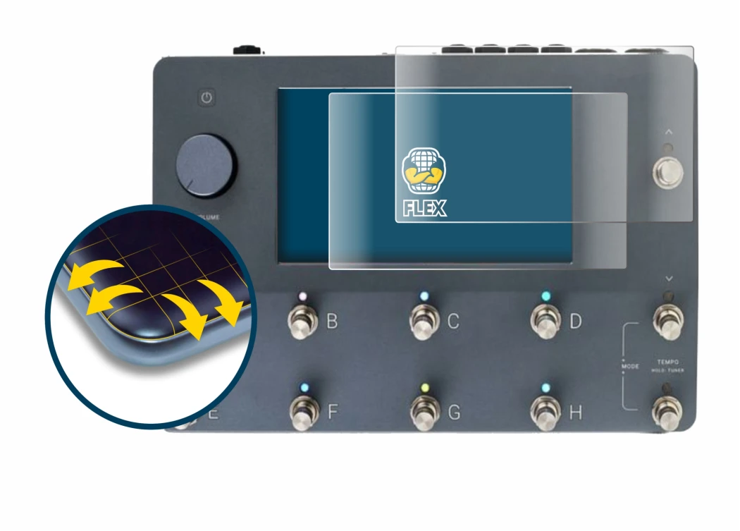 Abbildung des Geräts Neural DSP Quad Cortex mit einer Vielzahl des Displayschutzes.
