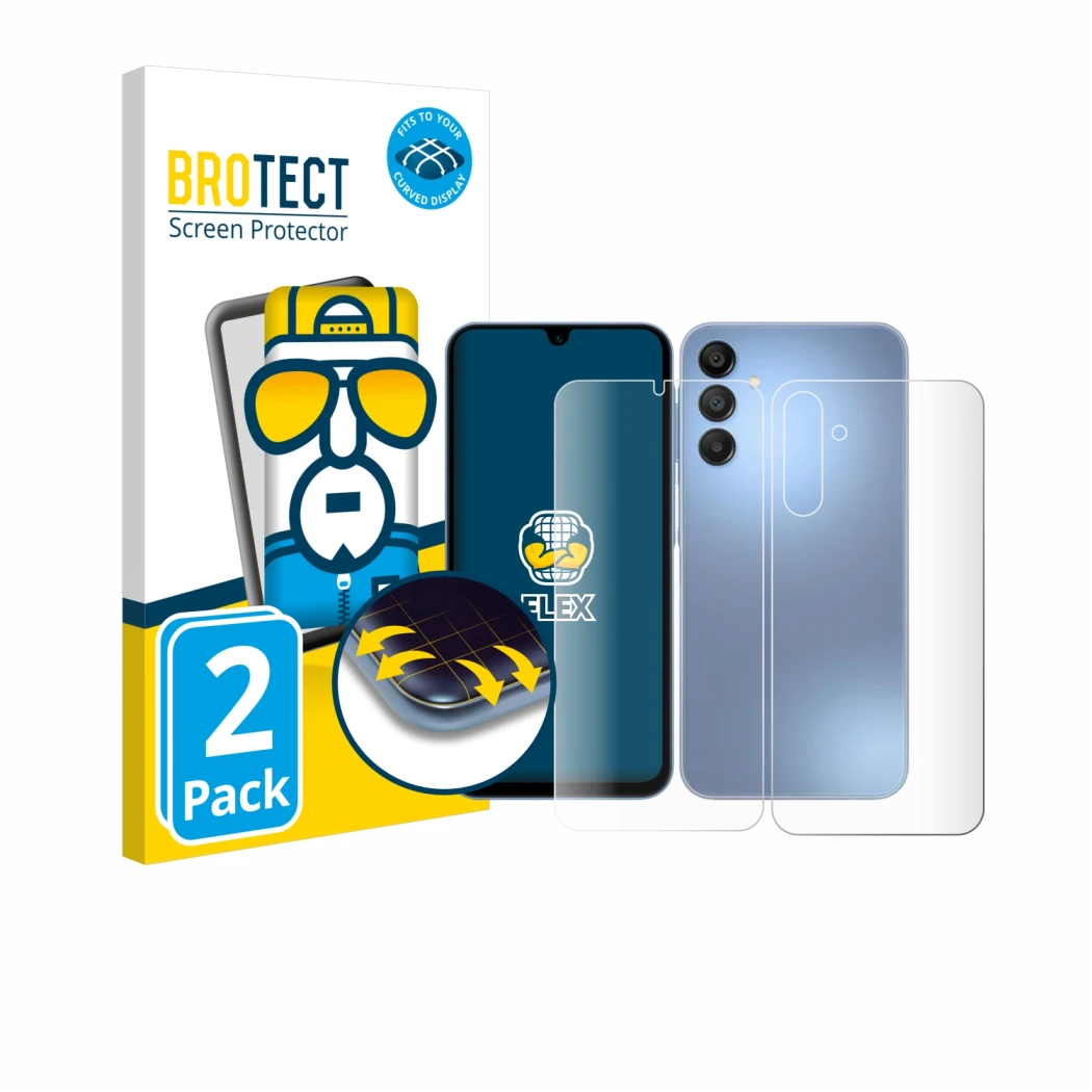 Vorderseite einer Produktverpackung mit dem Markenlogo BROTECT. Daneben ist das Gerät Samsung Galaxy A15 (Display+Rückseite) m