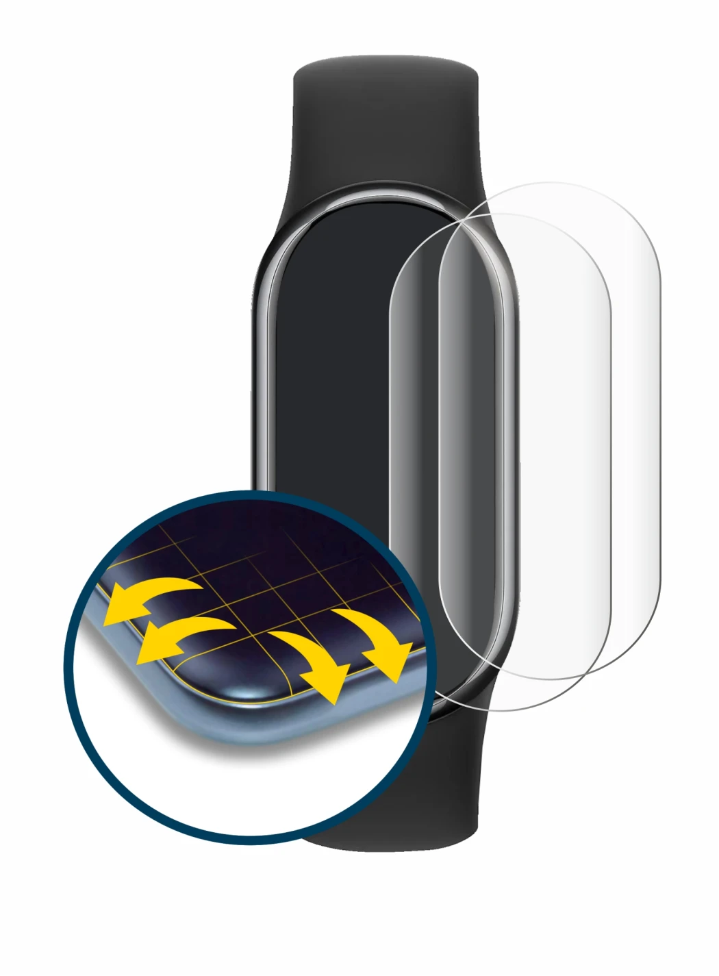 Abbildung des Geräts Xiaomi Smart Band 8 mit einer Vielzahl des Displayschutzes.