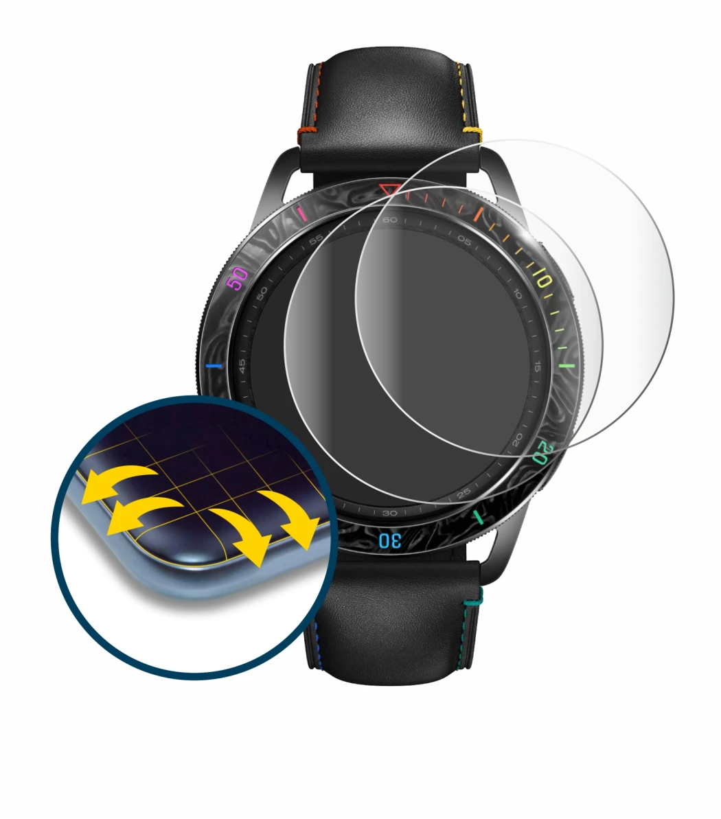 Abbildung des Geräts Xiaomi Watch S3 mit einer Vielzahl des Displayschutzes.