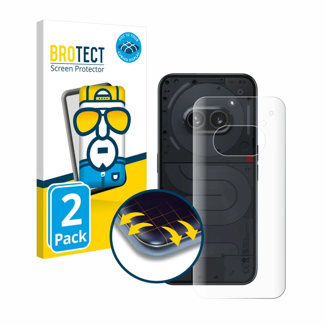 Vorderseite einer Produktverpackung mit dem Markenlogo BROTECT. Daneben ist das Gerät Nothing Phone (2a) (Rückseite) mit dem z
