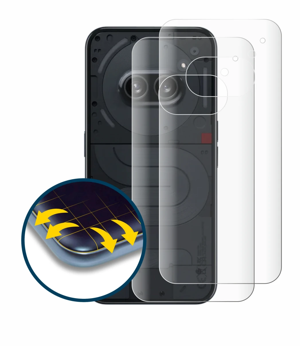 Abbildung des Geräts Nothing Phone (2a) (Rückseite) mit einer Vielzahl des Displayschutzes.