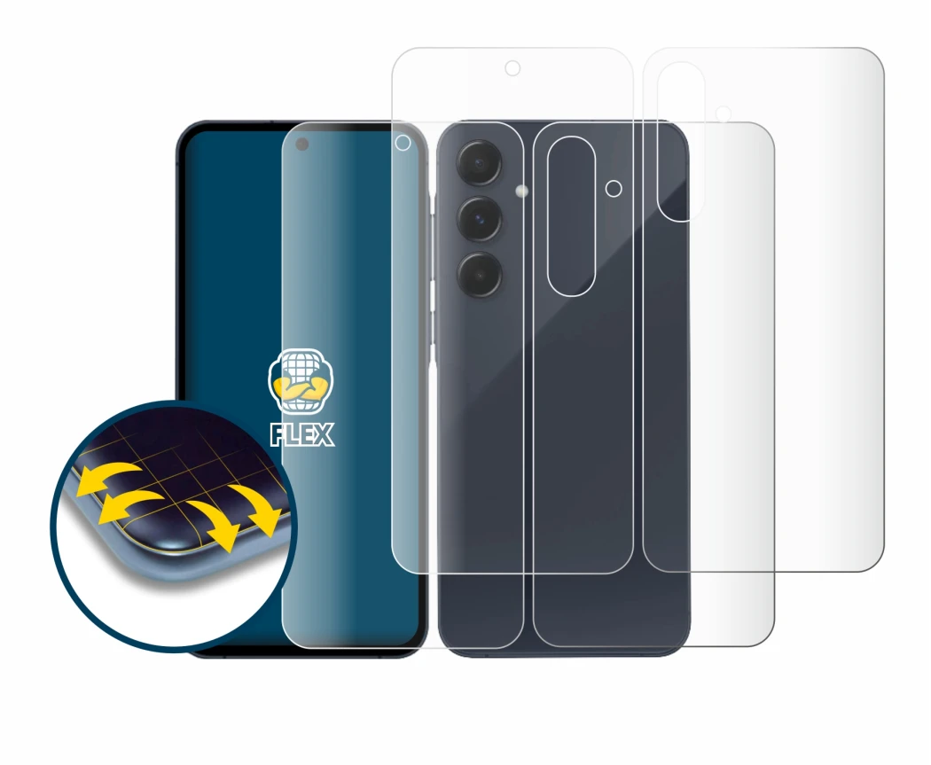 Abbildung des Geräts Samsung Galaxy A35 5G (Display+Rückseite) mit einer Vielzahl des Displayschutzes.