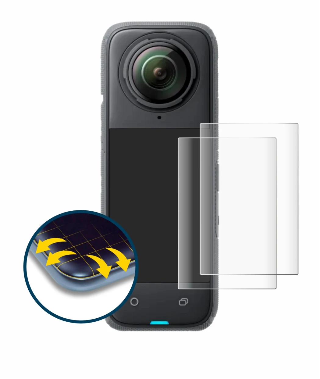 Abbildung des Geräts Insta360 X4 mit einer Vielzahl des Displayschutzes.
