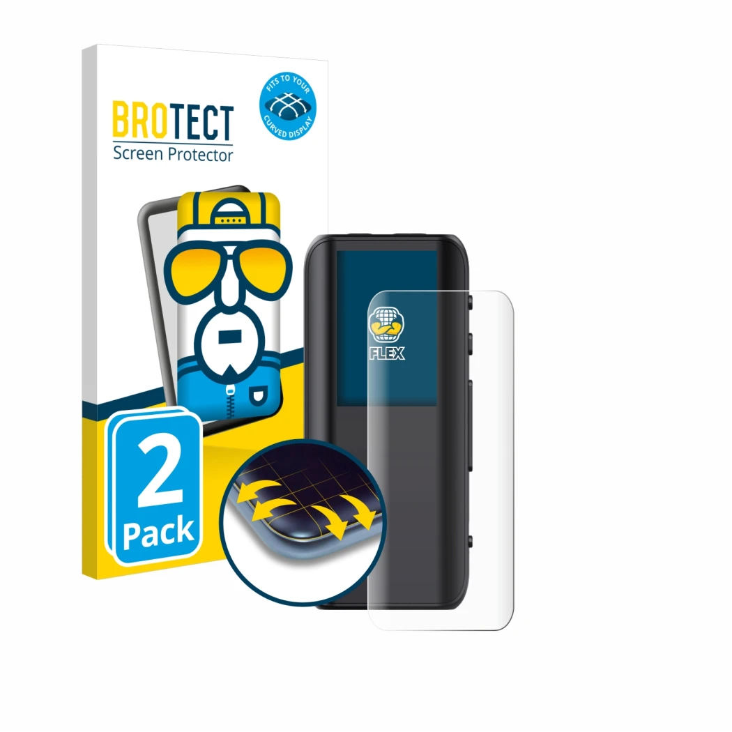 Vorderseite einer Produktverpackung mit dem Markenlogo BROTECT. Daneben ist das Gerät FiiO BTR15 mit dem zugehörigen Displaysc