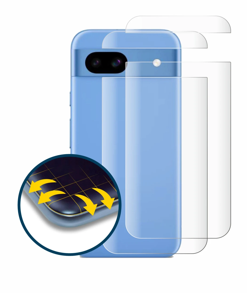 Abbildung des Geräts Google Pixel 8a (Rückseite) mit einer Vielzahl des Displayschutzes.