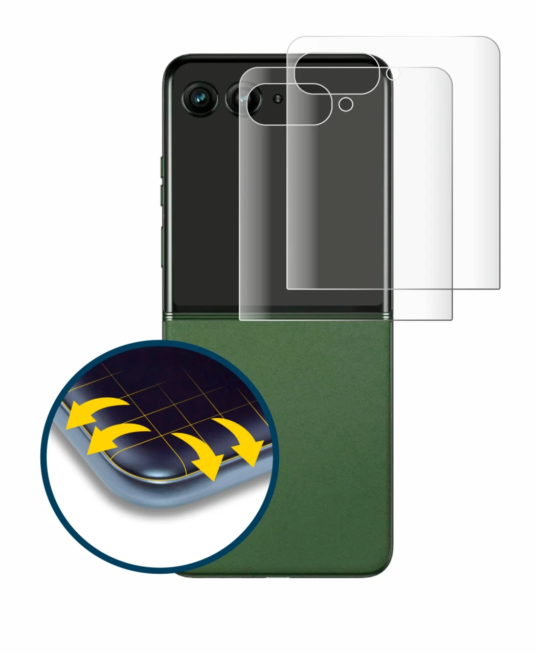 Abbildung des Geräts Motorola Razr 50 Ultra (Hinteres Display) mit einer Vielzahl des Displayschutzes.