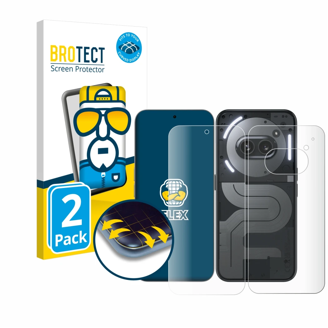 Vorderseite einer Produktverpackung mit dem Markenlogo BROTECT. Daneben ist das Gerät Nothing Phone (2a) Plus (Display+Rücksei