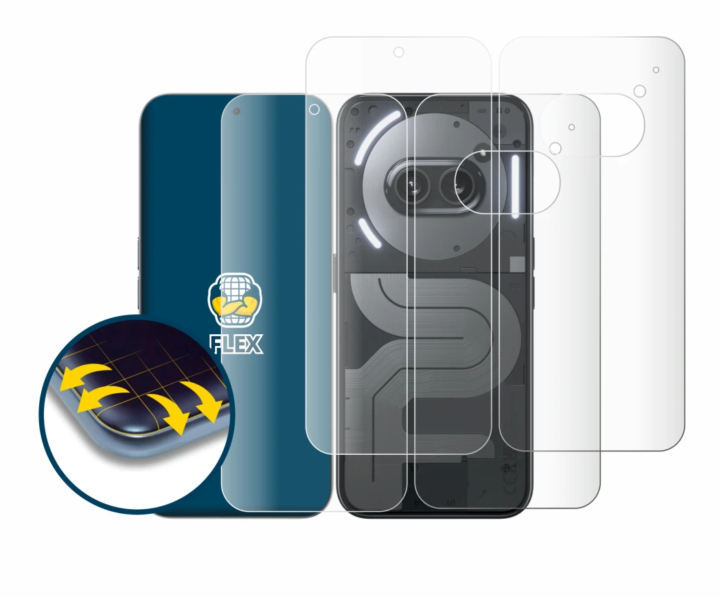 Abbildung des Geräts Nothing Phone (2a) Plus (Display+Rückseite) mit einer Vielzahl des Displayschutzes.