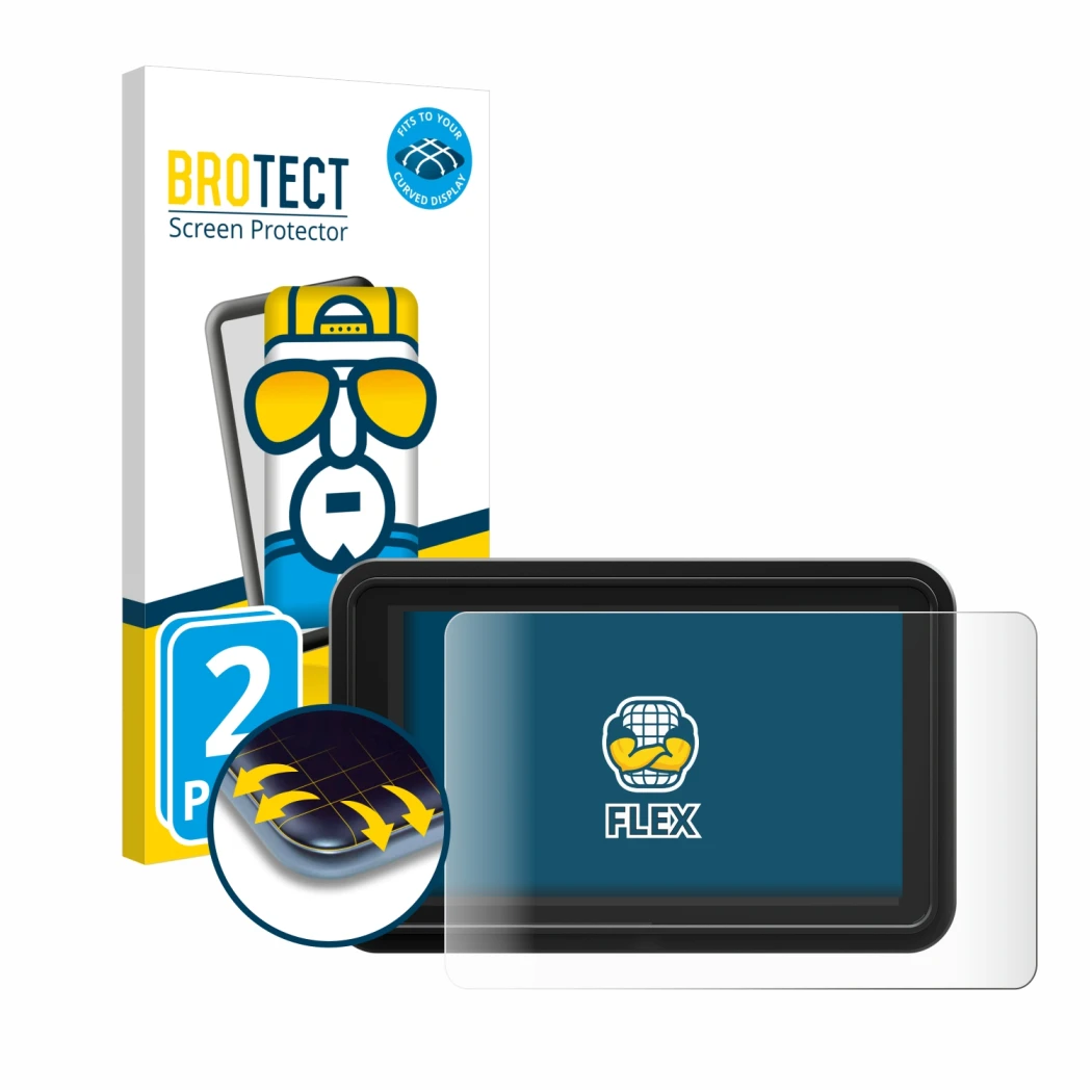 Vorderseite einer Produktverpackung mit dem Markenlogo BROTECT. Daneben ist das Gerät Atomos Shinobi 2 mit dem zugehörigen Dis