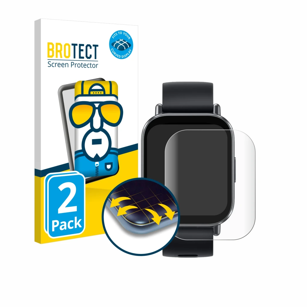 Vorderseite einer Produktverpackung mit dem Markenlogo BROTECT. Daneben ist das Gerät Xiaomi Redmi Watch 5 Active mit dem zuge