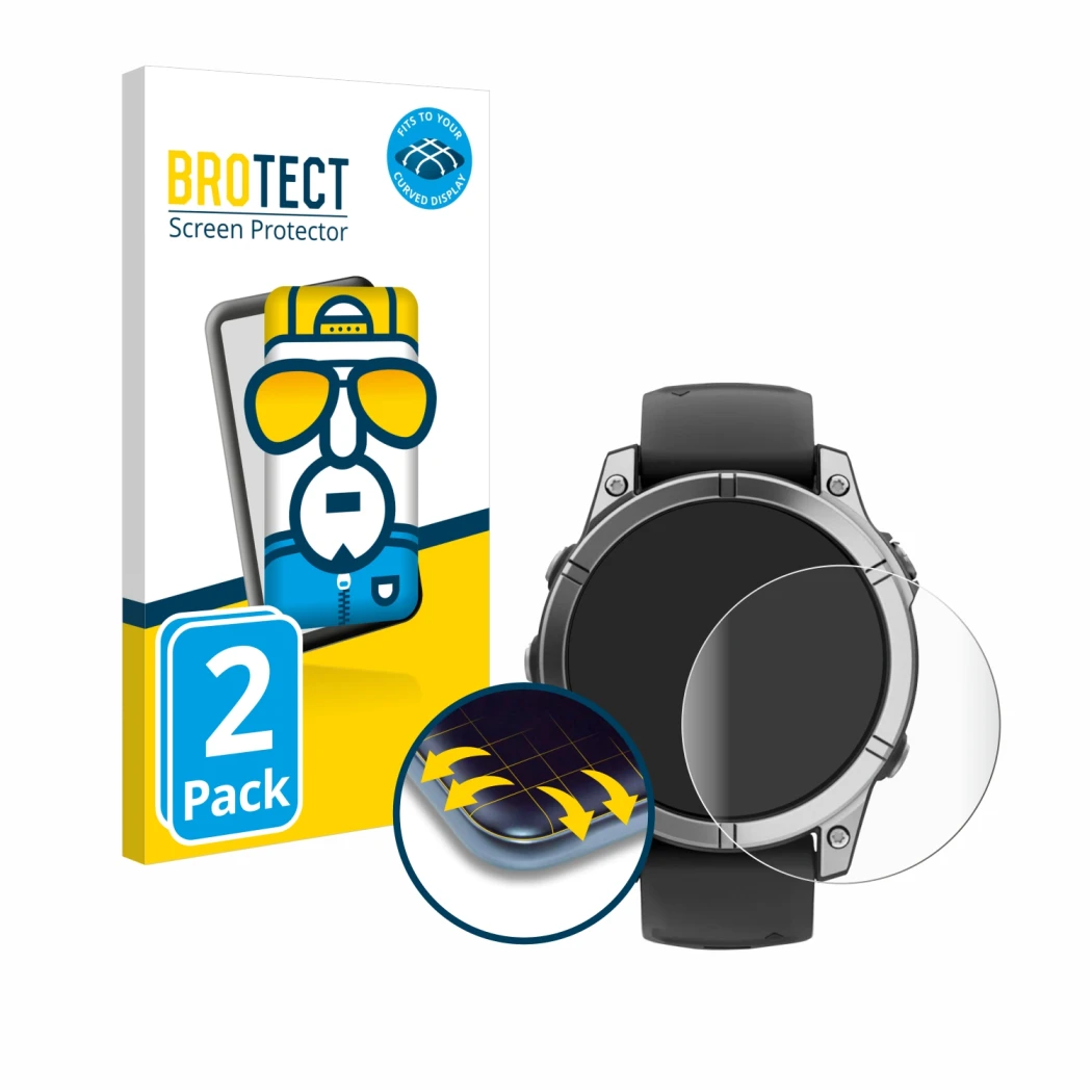 Vorderseite einer Produktverpackung mit dem Markenlogo BROTECT. Daneben ist das Gerät Garmin Fenix E mit dem zugehörigen Displ
