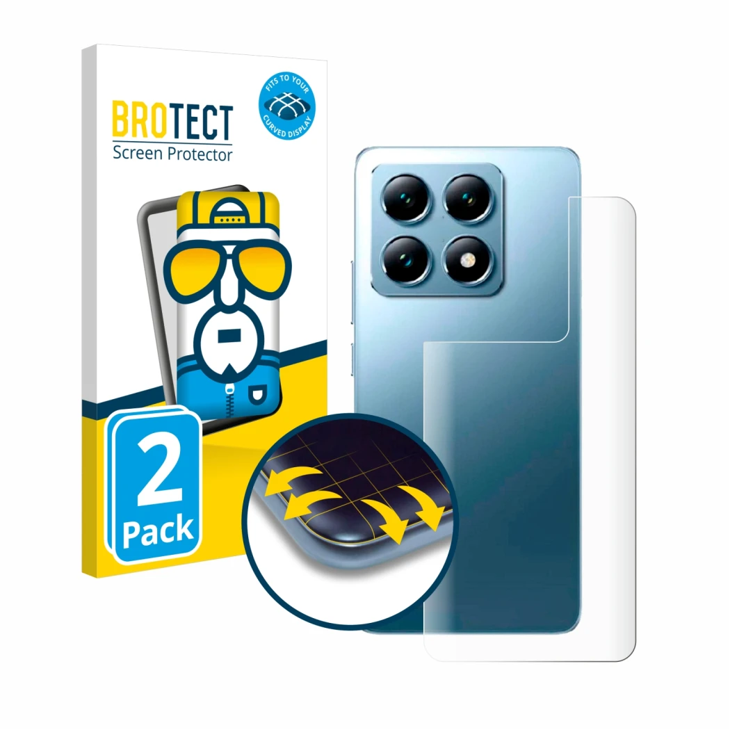 Vorderseite einer Produktverpackung mit dem Markenlogo BROTECT. Daneben ist das Gerät Xiaomi 14T Pro (Rückseite) mit dem zugeh