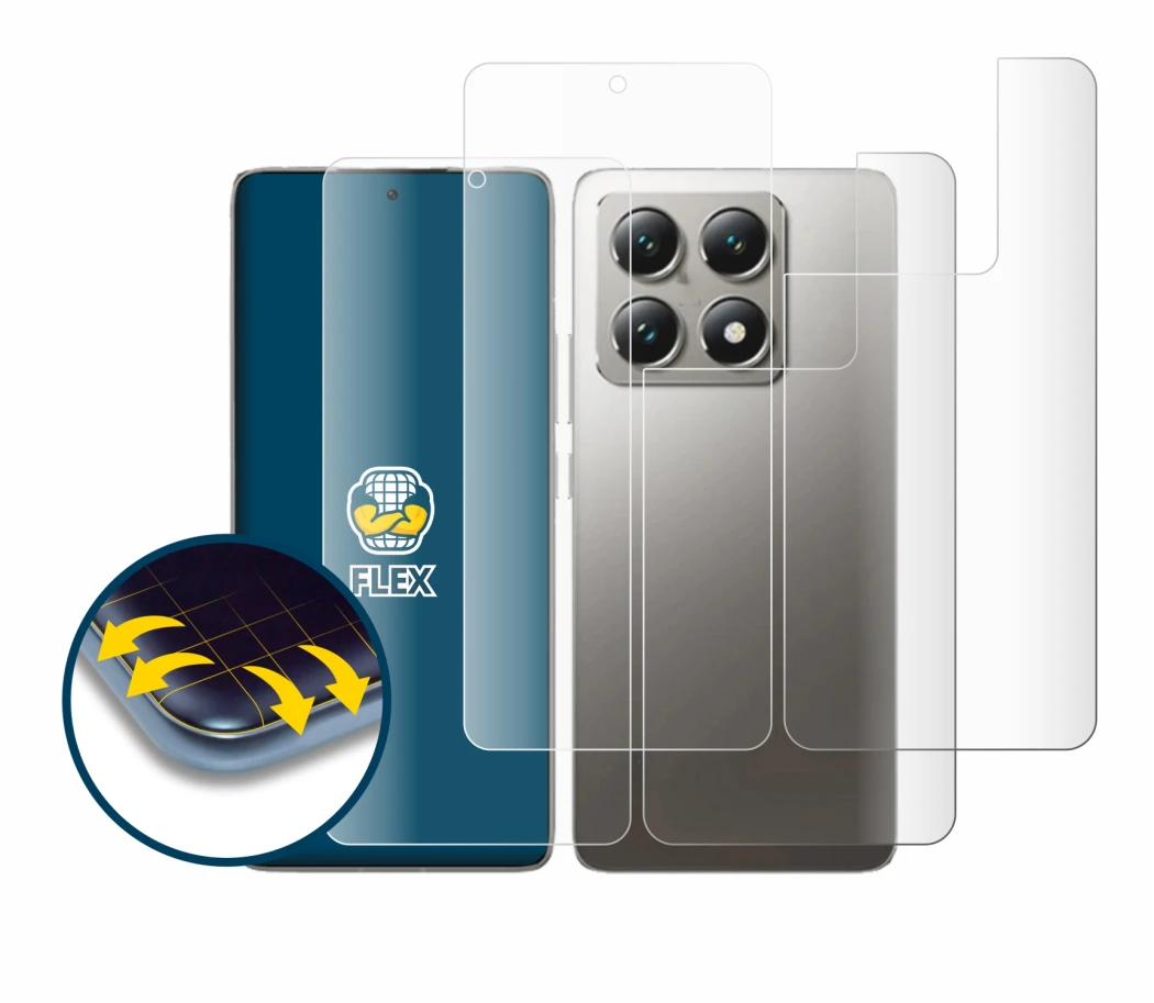 Abbildung des Geräts Xiaomi 14T Pro (Display+Rückseite) mit einer Vielzahl des Displayschutzes.