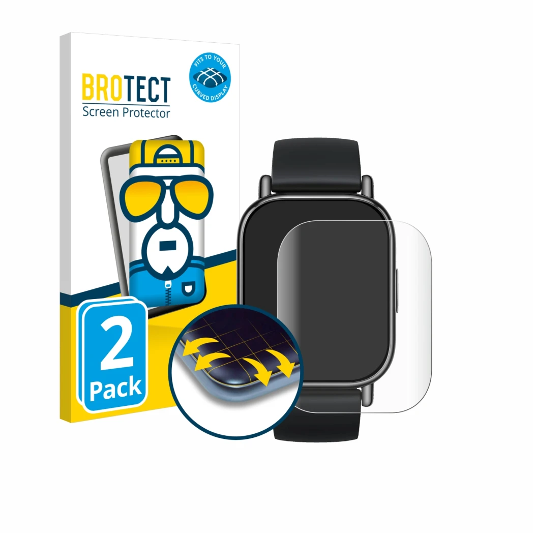 Vorderseite einer Produktverpackung mit dem Markenlogo BROTECT. Daneben ist das Gerät Xiaomi Redmi Watch 5 Lite mit dem zugehö