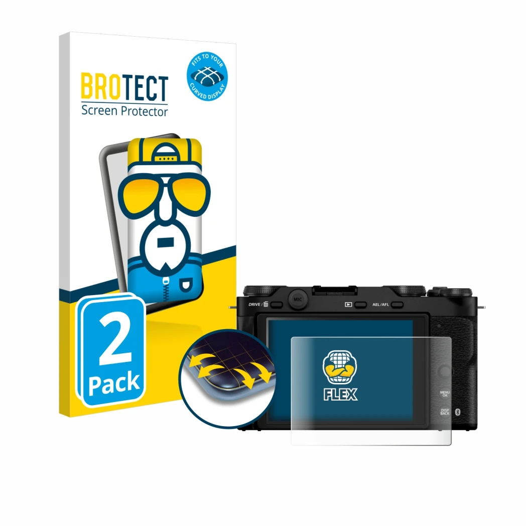 Vorderseite einer Produktverpackung mit dem Markenlogo BROTECT. Daneben ist das Gerät Fujifilm X-M5 mit dem zugehörigen Displa