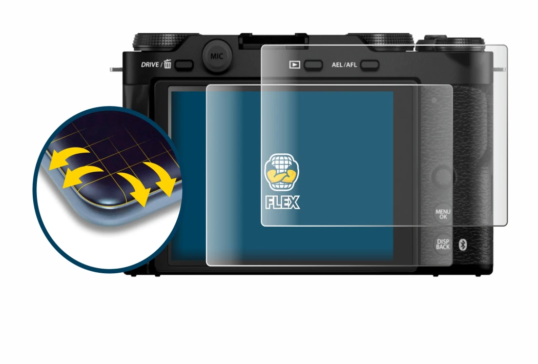 Abbildung des Geräts Fujifilm X-M5 mit einer Vielzahl des Displayschutzes.