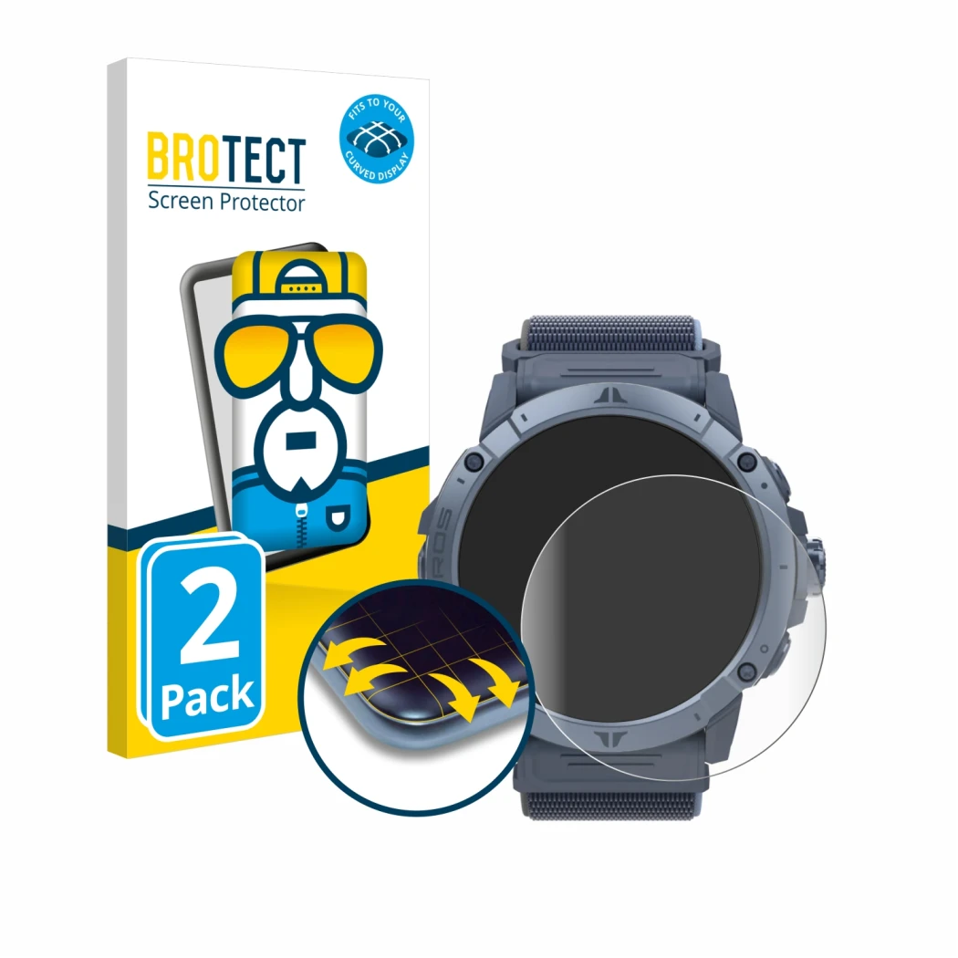 Vorderseite einer Produktverpackung mit dem Markenlogo BROTECT. Daneben ist das Gerät Coros Vertix 2S mit dem zugehörigen Disp