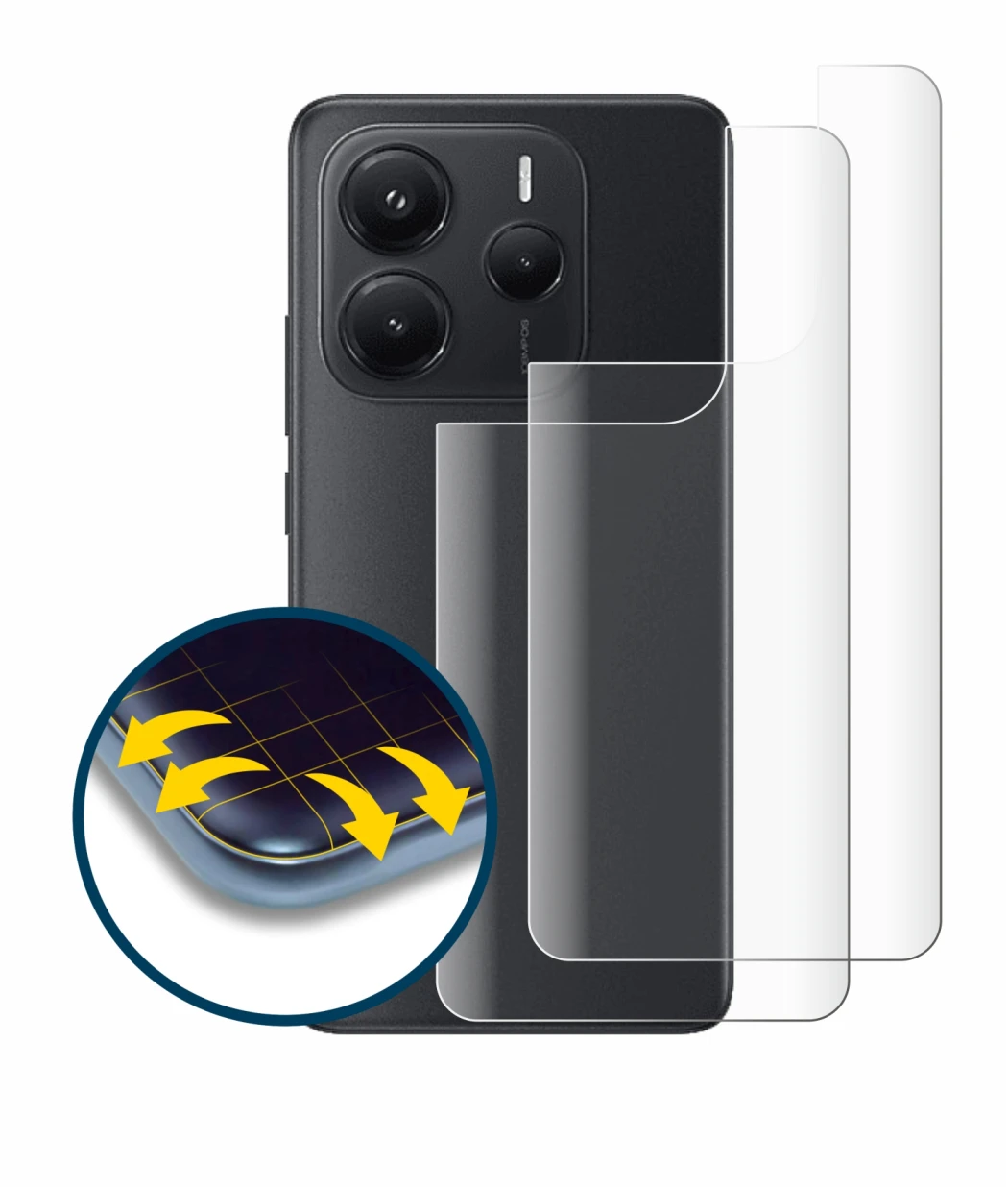 Abbildung des Geräts Xiaomi Redmi Note 14 (Rückseite) mit einer Vielzahl des Displayschutzes.