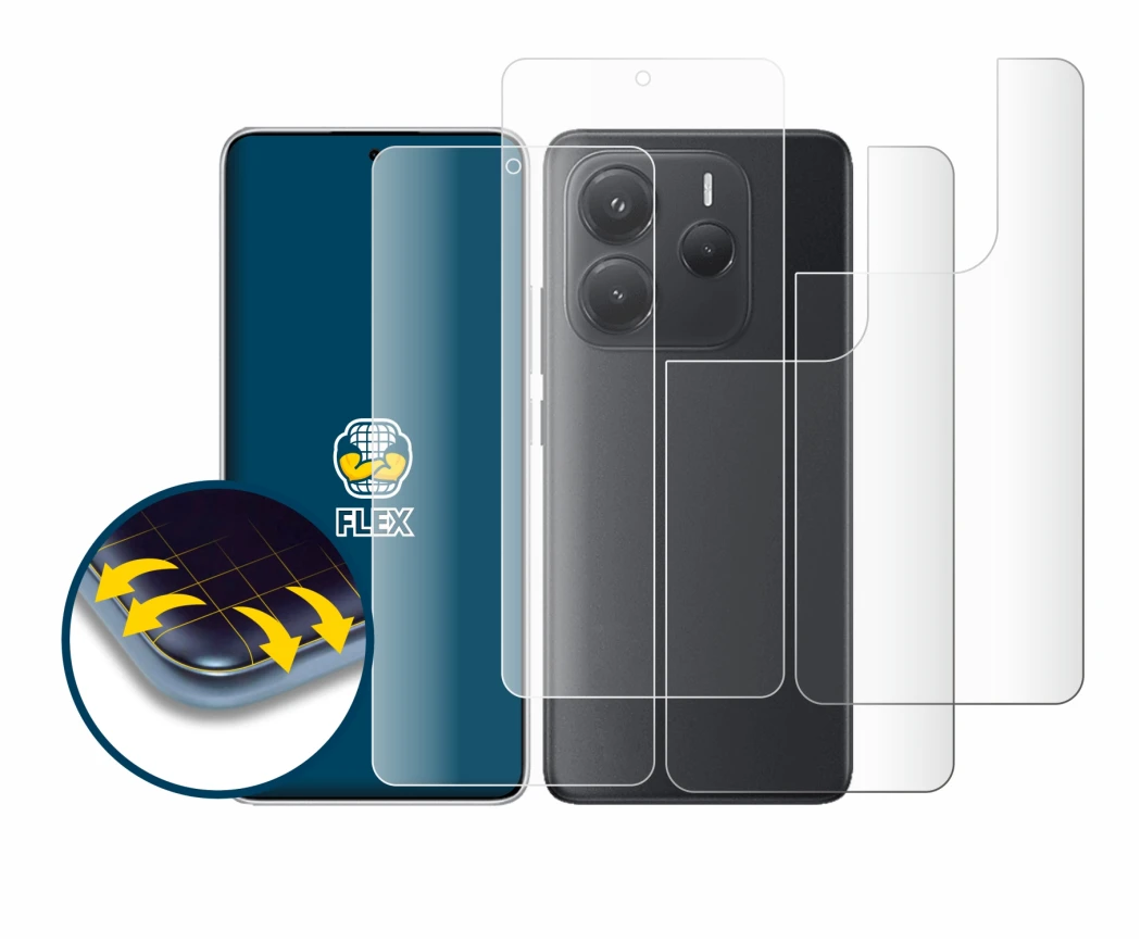 Abbildung des Geräts Xiaomi Redmi Note 14 (Display+Rückseite) mit einer Vielzahl des Displayschutzes.