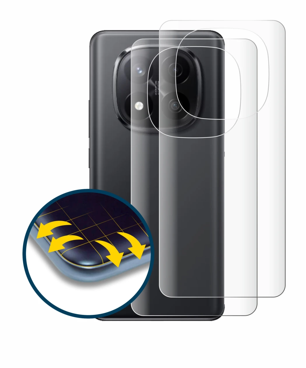 Abbildung des Geräts Xiaomi Redmi Note 14 Pro Plus (Rückseite) mit einer Vielzahl des Displayschutzes.