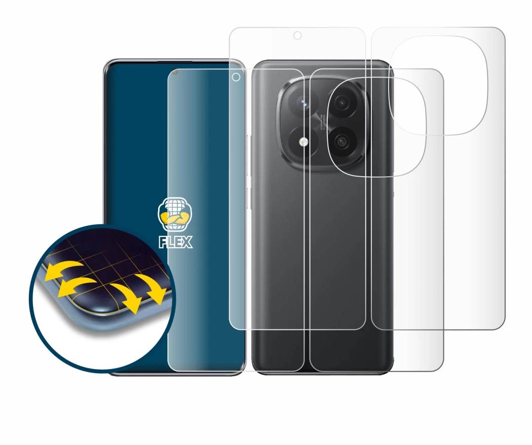 Abbildung des Geräts Xiaomi Redmi Note 14 Pro Plus (Display+Rückseite) mit einer Vielzahl des Displayschutzes.