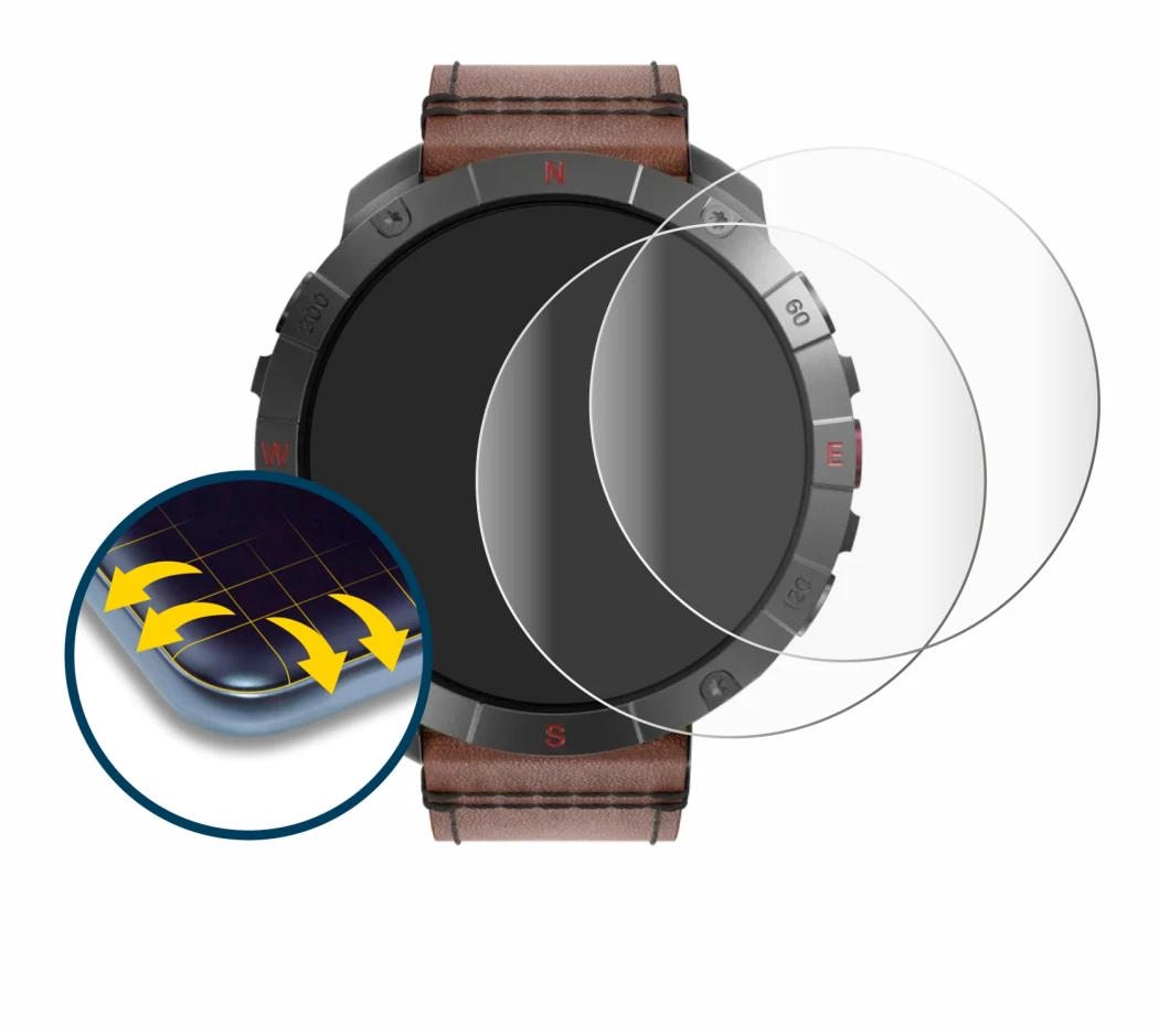 Abbildung des Geräts Polar Grit X2 Pro Titan mit einer Vielzahl des Displayschutzes.