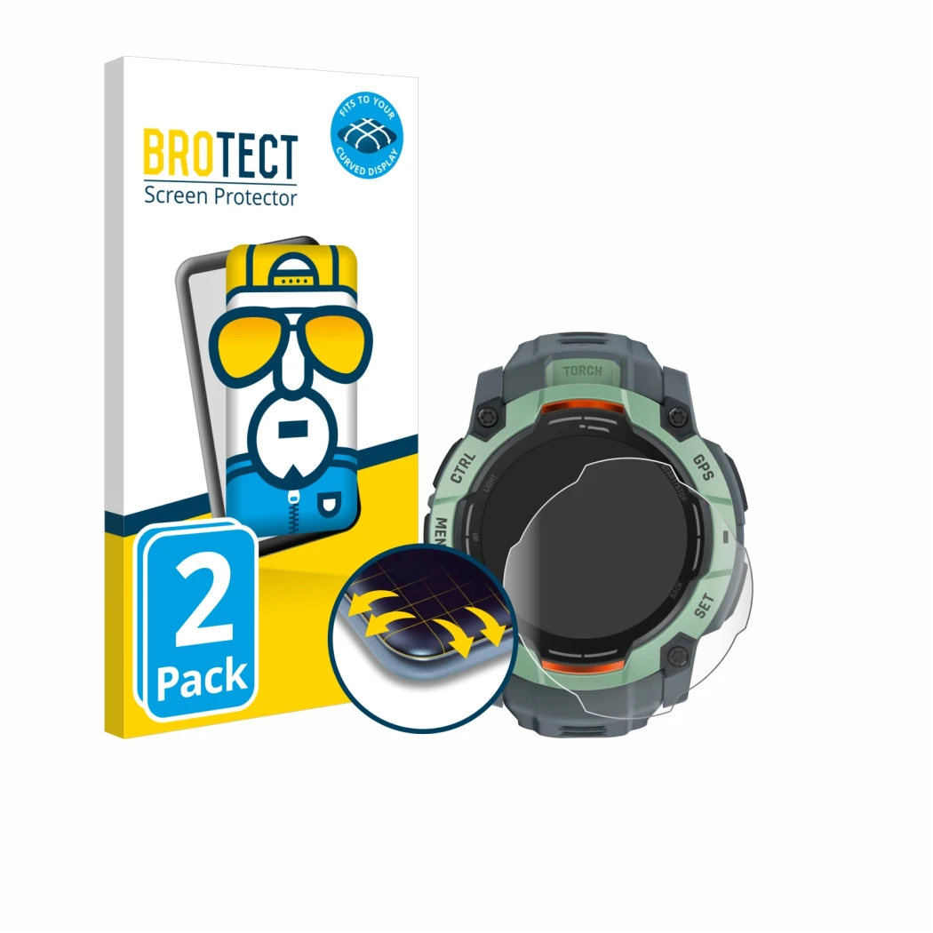 Vorderseite einer Produktverpackung mit dem Markenlogo BROTECT. Daneben ist das Gerät Garmin Instinct 3 AMOLED (50 mm) mit dem