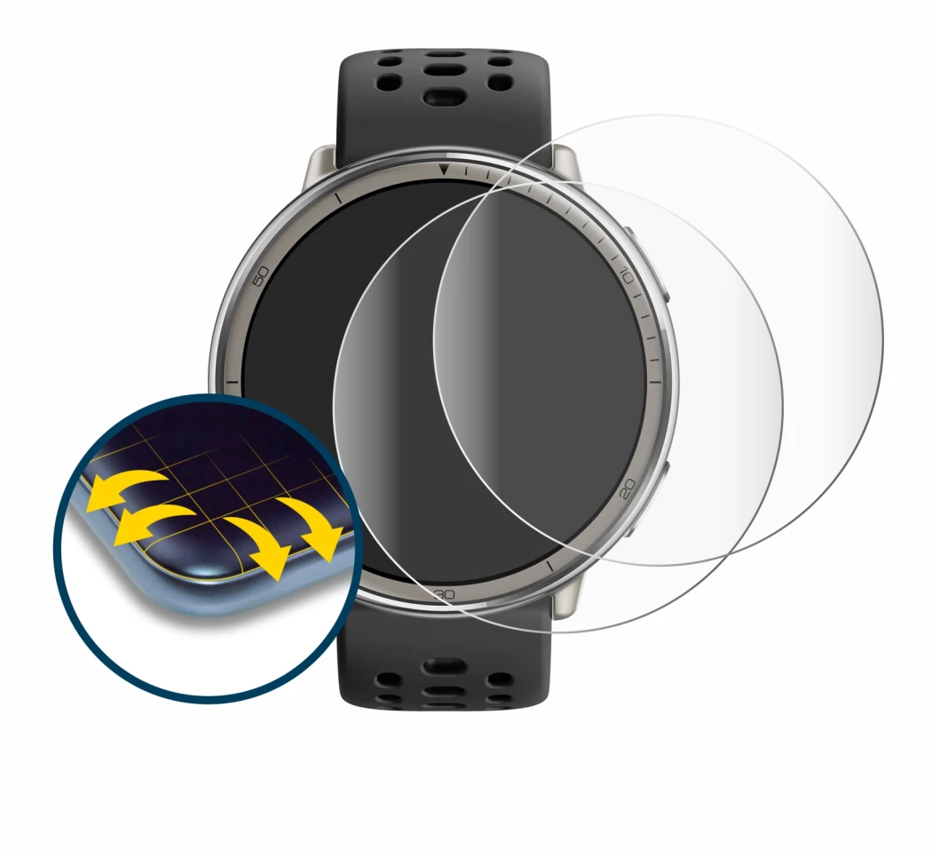 Abbildung des Geräts Amazfit Active 2 mit einer Vielzahl des Displayschutzes.